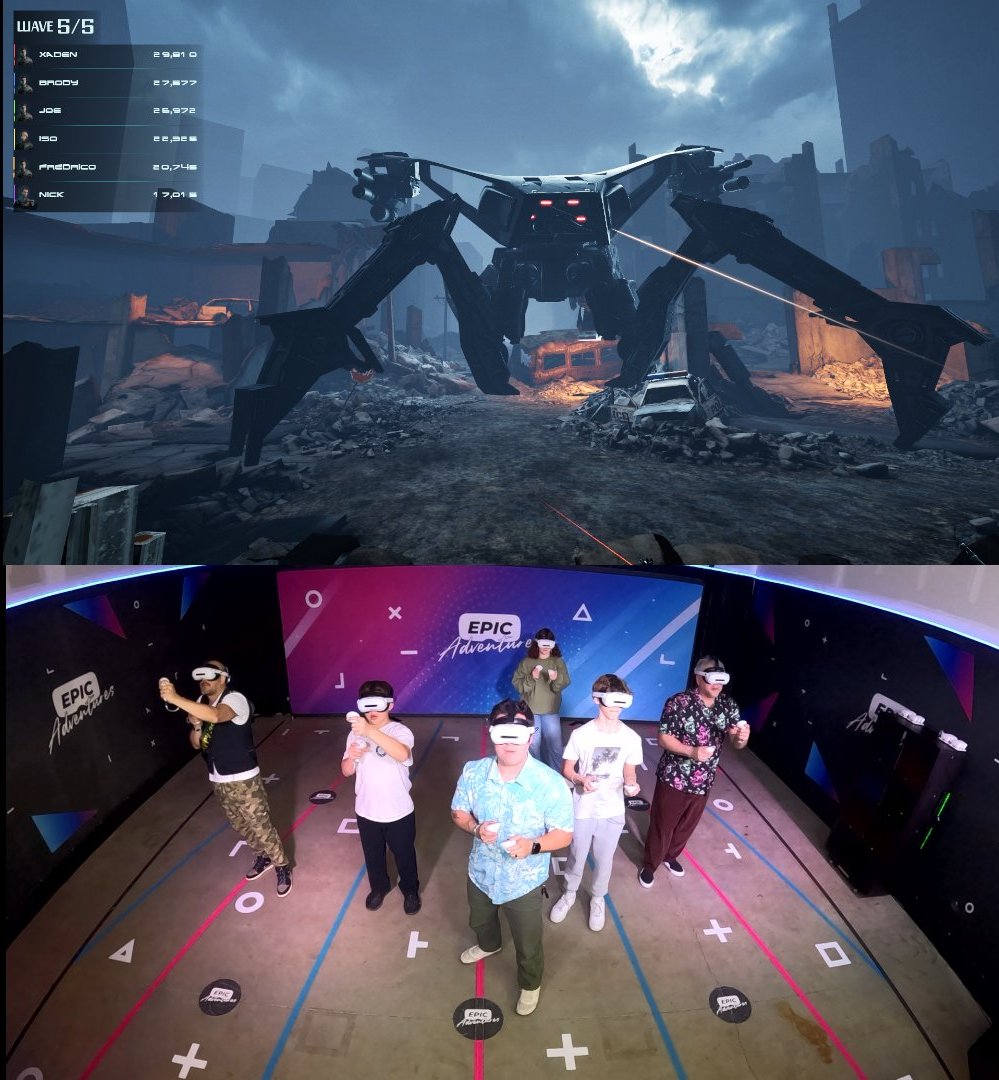 Split view showing what players see inside the VR game on top and the real players in the arena below at Epic Adventures