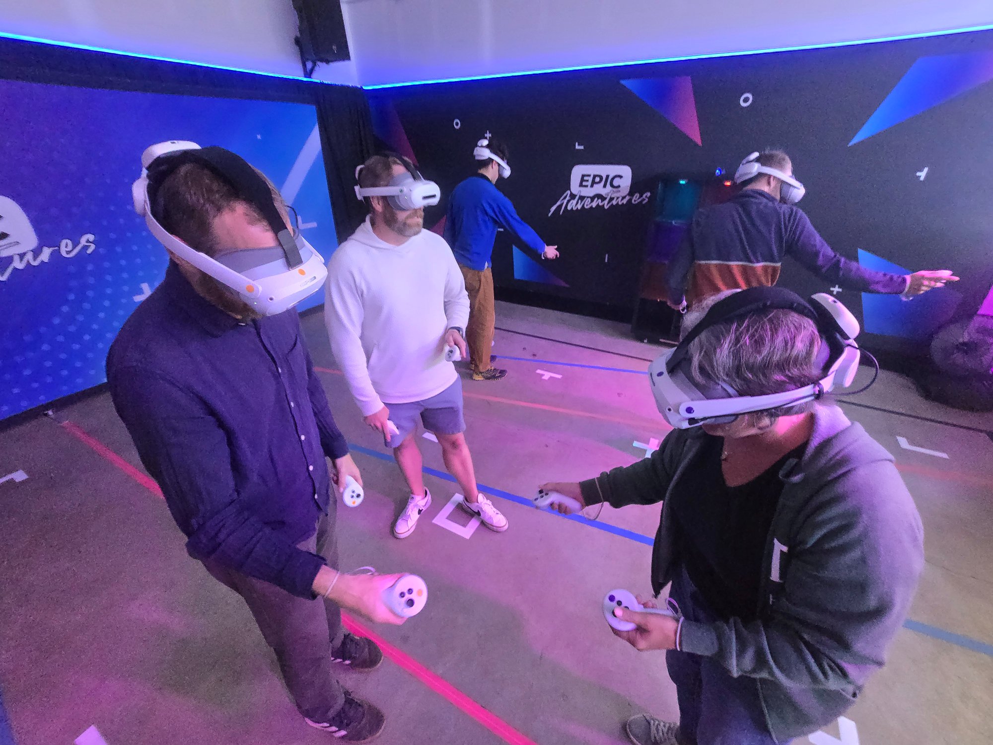 Corporate team building group playing free-roam VR together at Epic Adventures in Vancouver WA